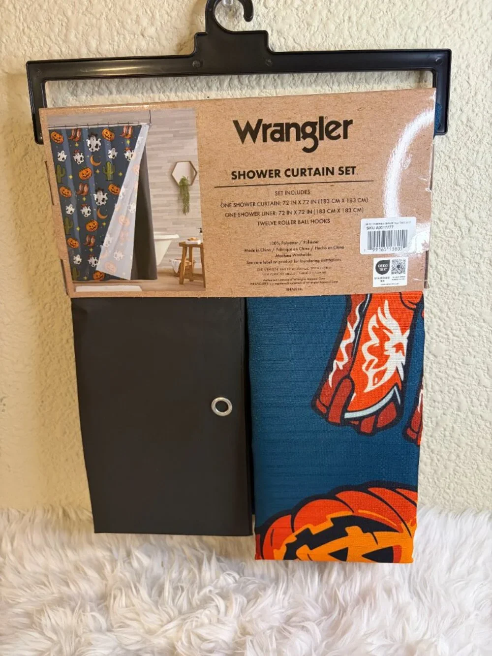 Wrangler Halloween Shower Curtain Set Ghost Pumpkin Black Cat 72x72 NWT